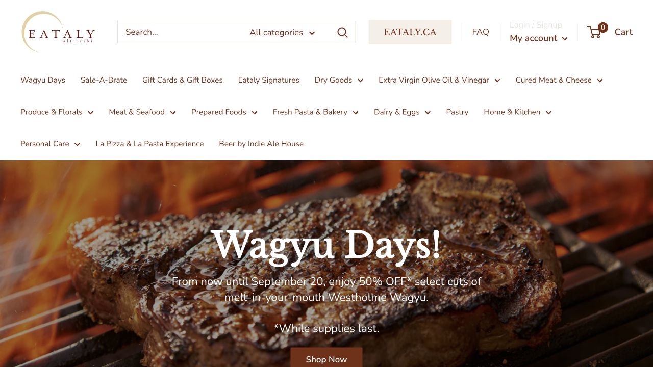 Eataly Toronto homepage with its header, navigation and featured promotion