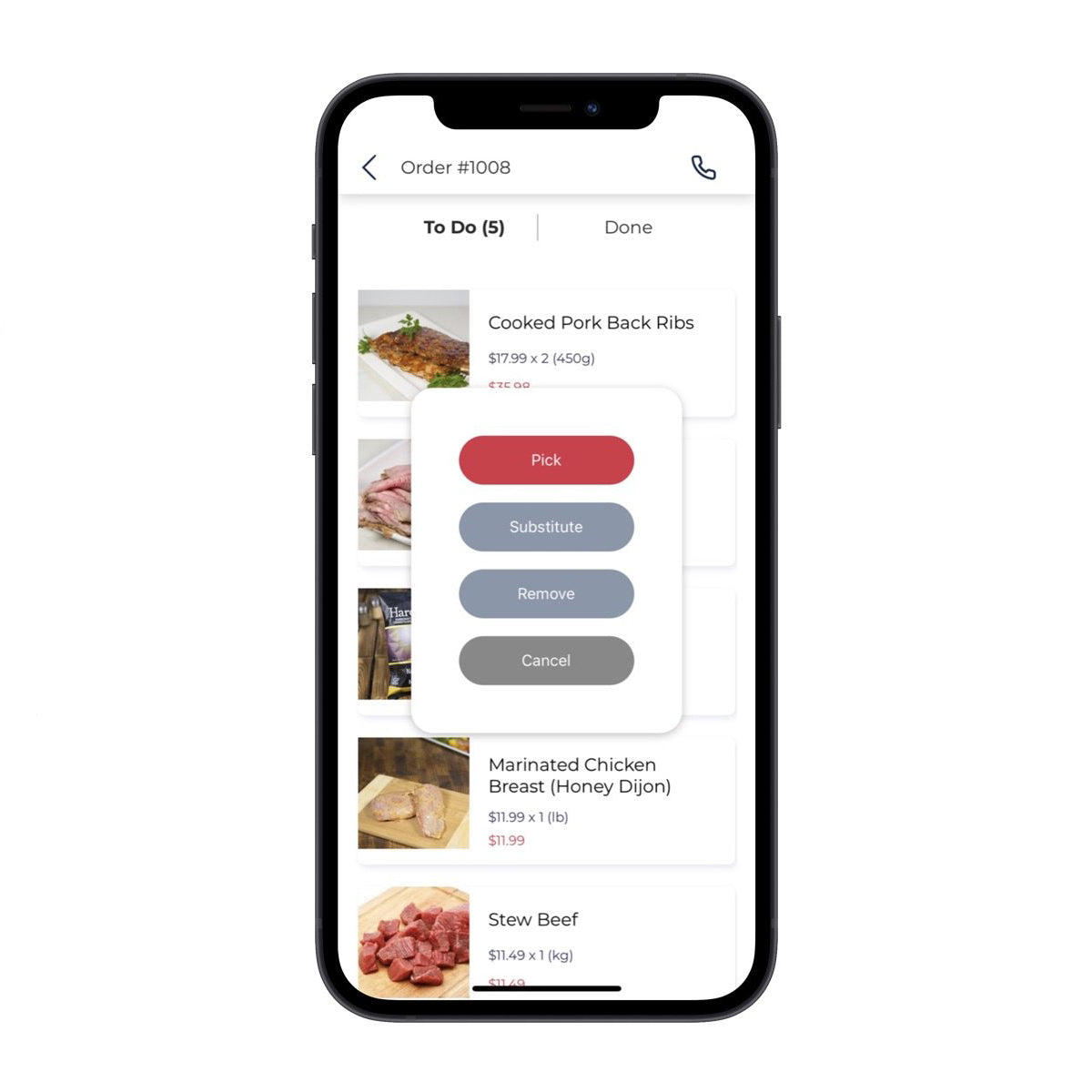 Grocer Box picking app showing pick, substitute and remove actions